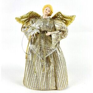 Golden Winged Angel Christmas Tree Topper with Bell & Flower Porcelain Face 12in